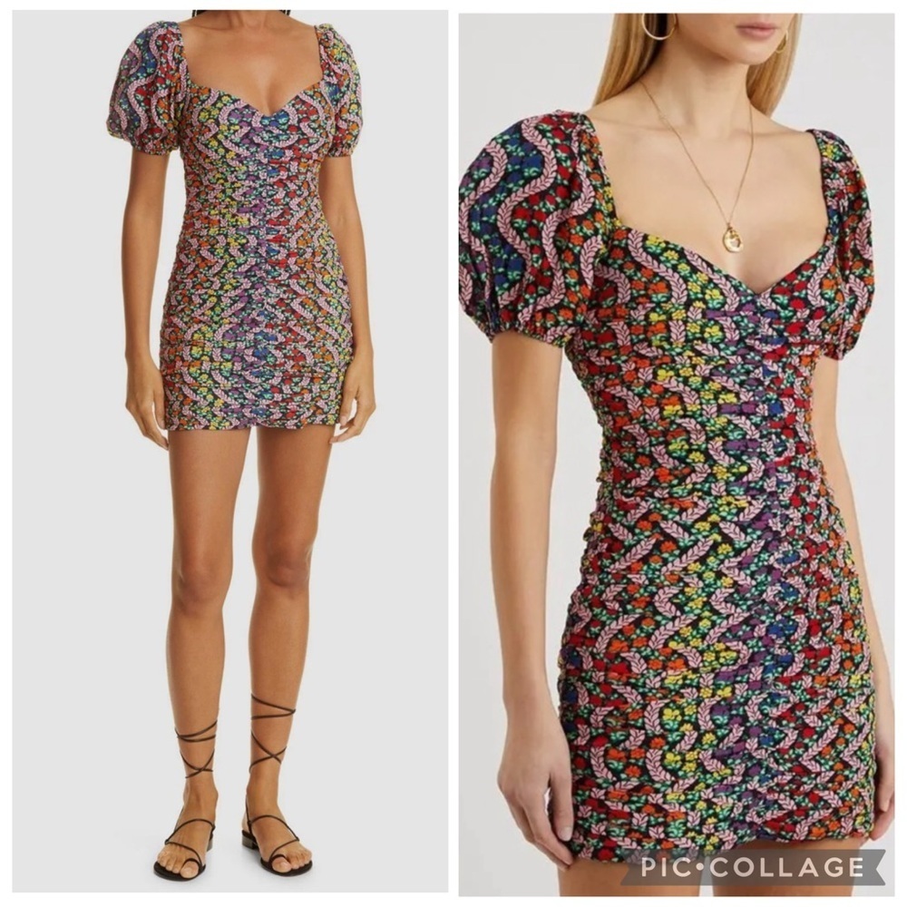 RHODE Esme Love is a Rainbow Ruched Puff Sleeve Floral Mini Dress Sz 6